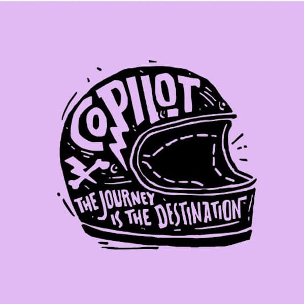 Logo design with bike helmet for brand: 'Copilot - the Journey is the Destination'