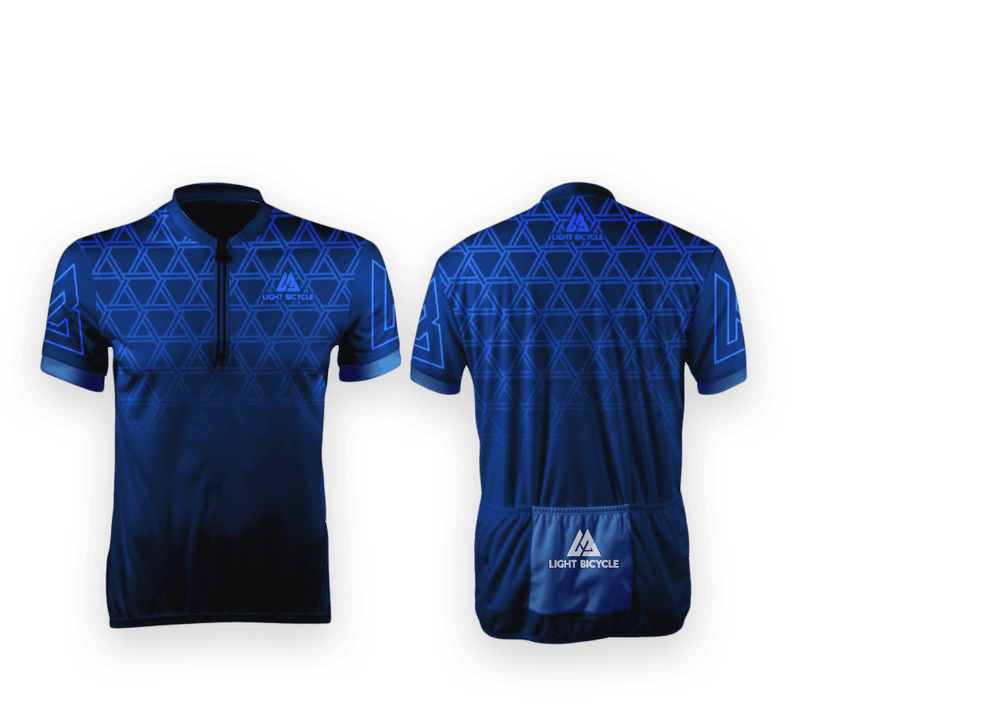 front and back views of dark blue jersey with an interlaced triangle pattern