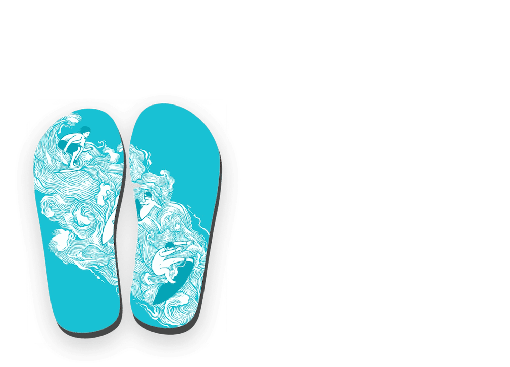 blue flip flops with white line drawings of surfers