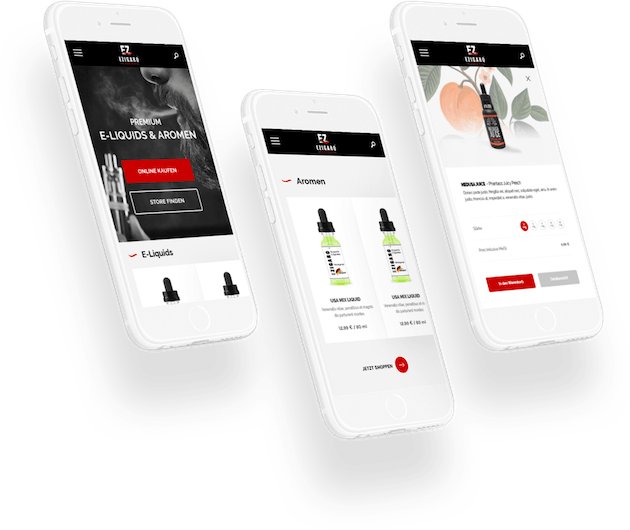 three mobile phones with red and black interface web design