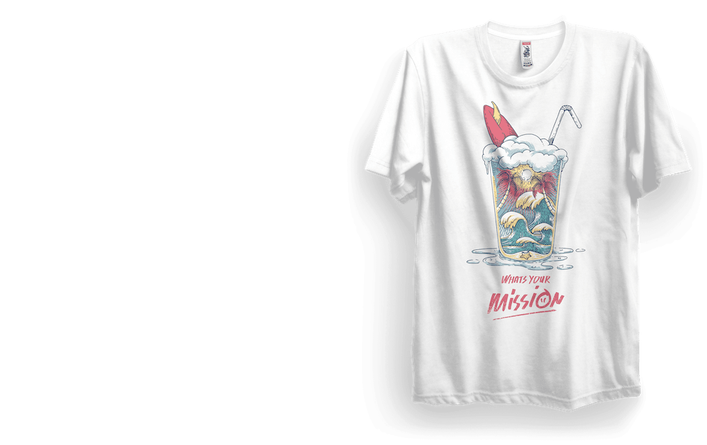 white t-shirt with red text and an image of a volcano and surfboard in a milkshake glass